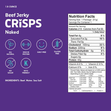 Peoples Choice Beef Jerky - Jerky Crisps - Naked - Three Ingredients - Beef, Water, Sea Salt - Sugar Free, Zero Carb, Gluten Free, Keto Friendly, Carnivore Diet, 40G Protein Per Package - Thin, Crispy, Crunchy - 1.8 Oz (4 Pack)