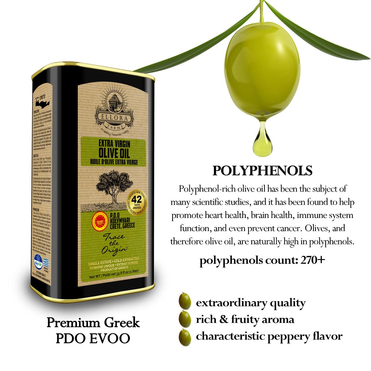 Ellora Farms Olive Oil Extra Virgin, Traceable & Certified PDO Polyphenol Rich Extra Virgin Olive Oil Cold Pressed, Global Gold