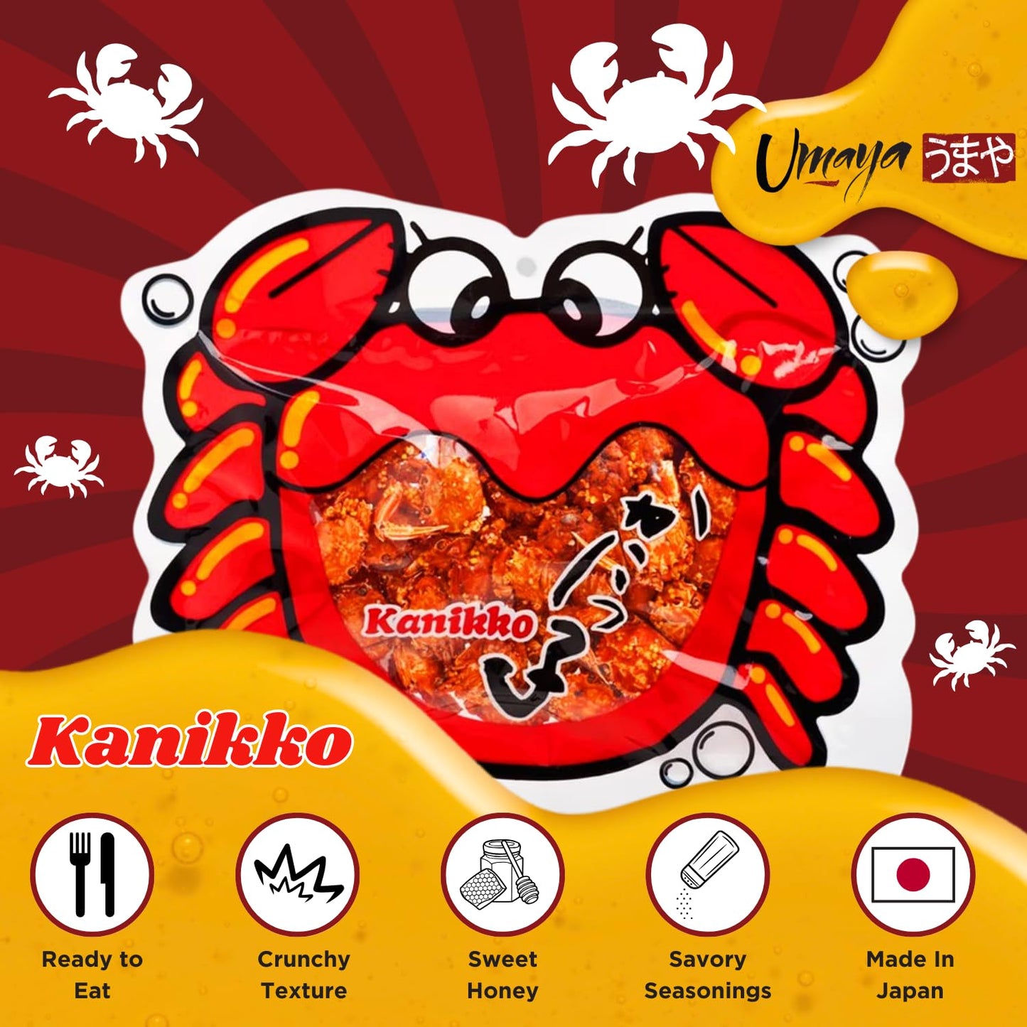 UMAYA Fried Japanese Baby Crabs - Crunchy Gourmet Snack with Sweet Honey - 2.3oz (65g) Individual Snack Size Bag
