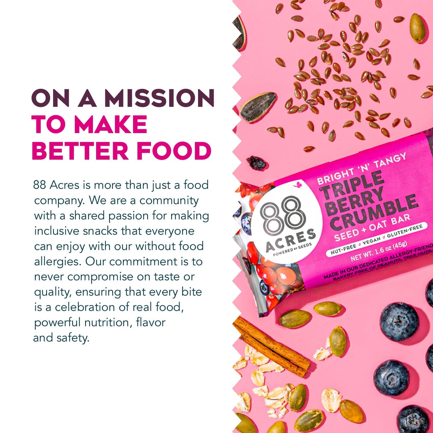 88 Acres Granola Bars | Triple Berry | Gluten Free, Nut-Free Oat And Seed Snack Bar | Vegan & Non Gmo | 12 Pack