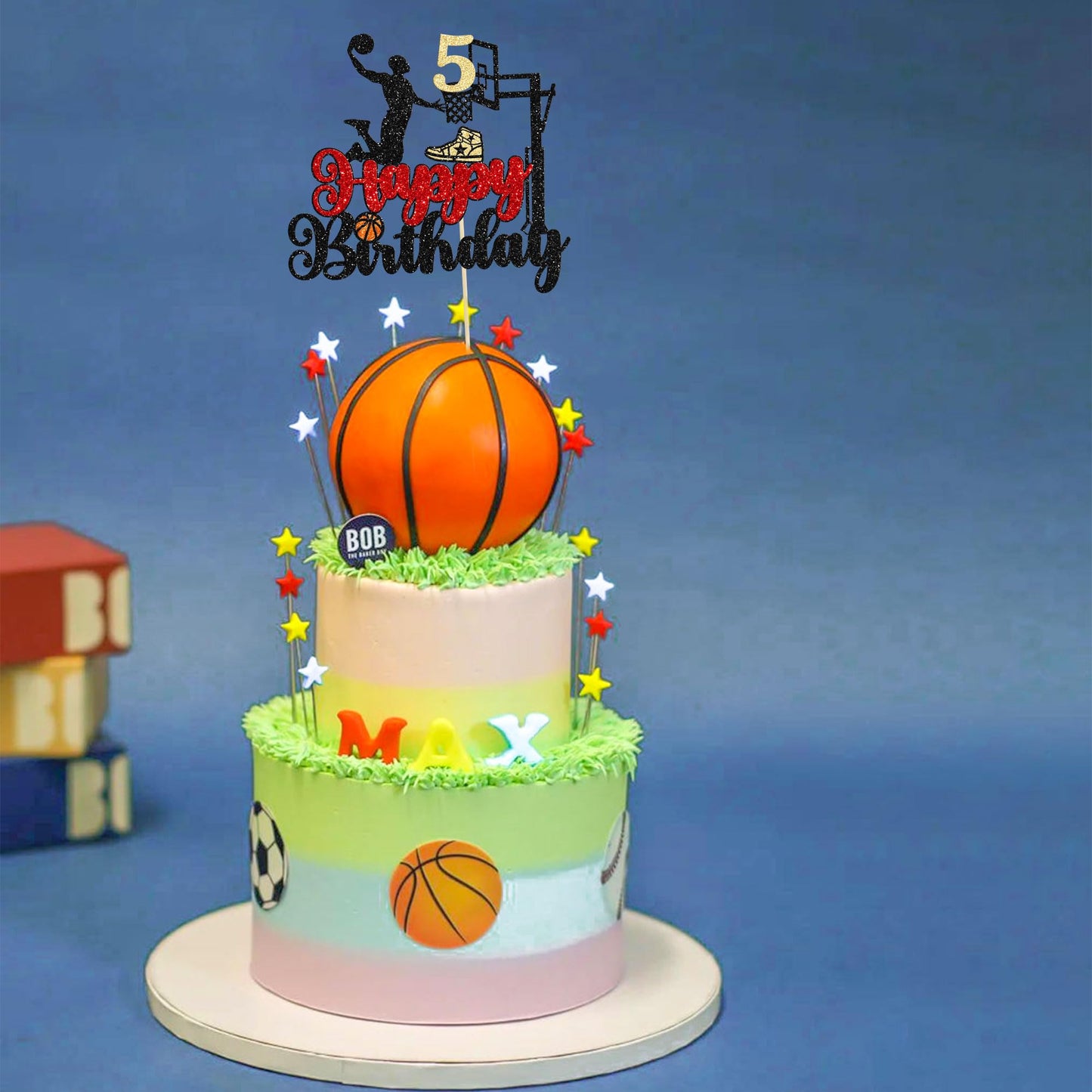 1Pc 5Th Birthday Basketball Cake Topper Glitter Basketball Sports Theme Cake Pick For Baby Shower 5Th Birthday Cake Decorations