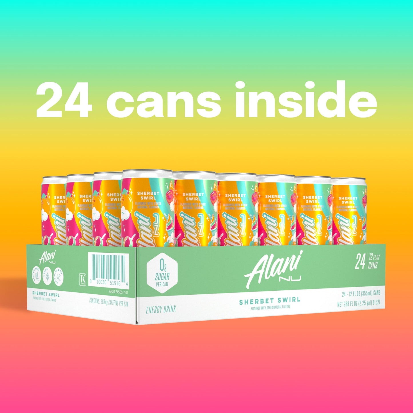 Alani Nu SHERBET SWIRL Sugar Free  Low Calorie Energy Drinks  200mg Caffeine  Biotin B Vitamins  Zero Sugar  10 Calories  12 Fl Oz Cans  24 Pack