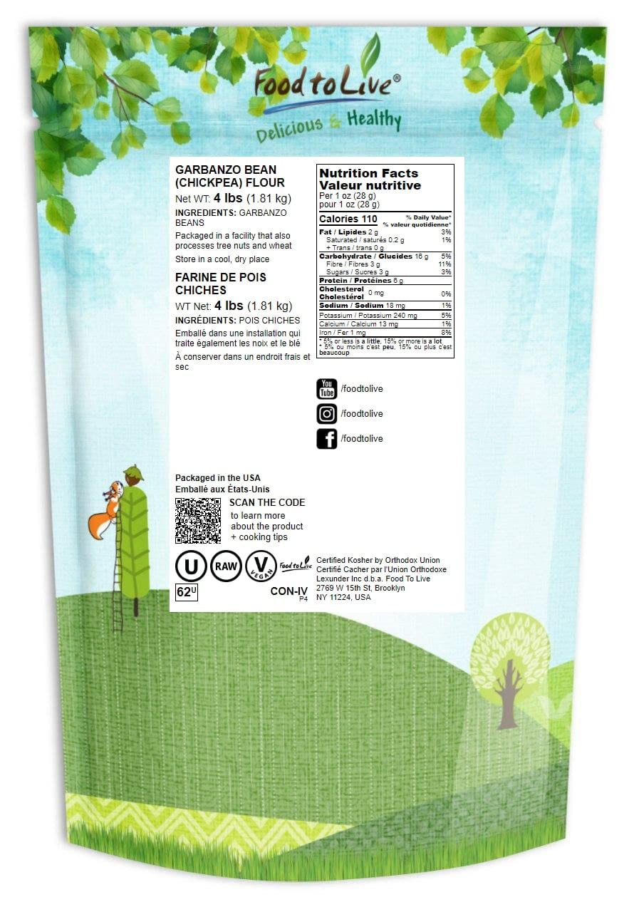 Food To Live Garbanzo Bean Flour, 4 Pounds Finely Milled Chickpea Flour, Raw, Vegan, Kosher, Bulk, Good Source Of Protein, Fiber, Folate, And Copper. Great For Cooking And Baking. Made In Usa