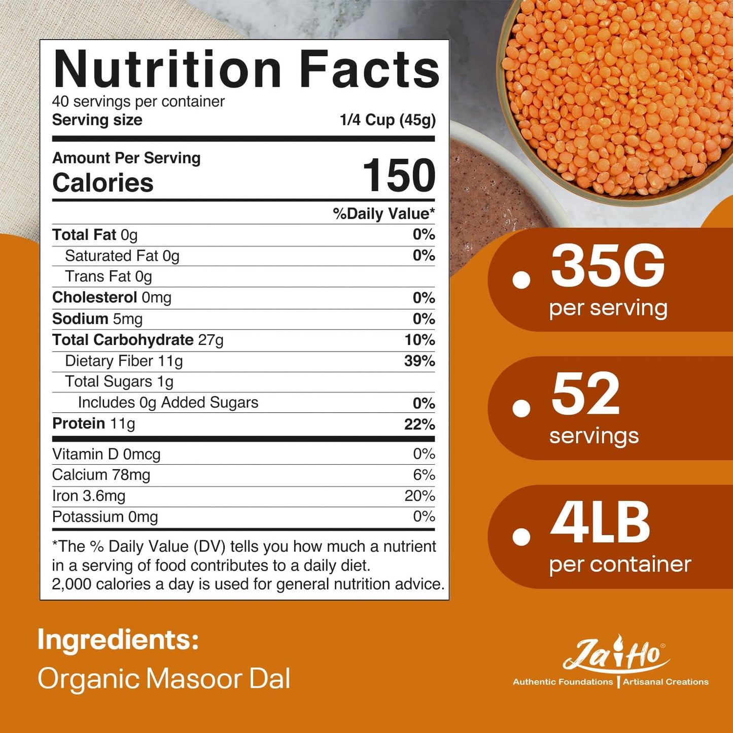 Jai Ho Certified Organic Masoor Dal 4 Lb | Indian Masoor Dal | Usda Organic | Non-Gmo | Chemical-Free | Premium Quality Kosher