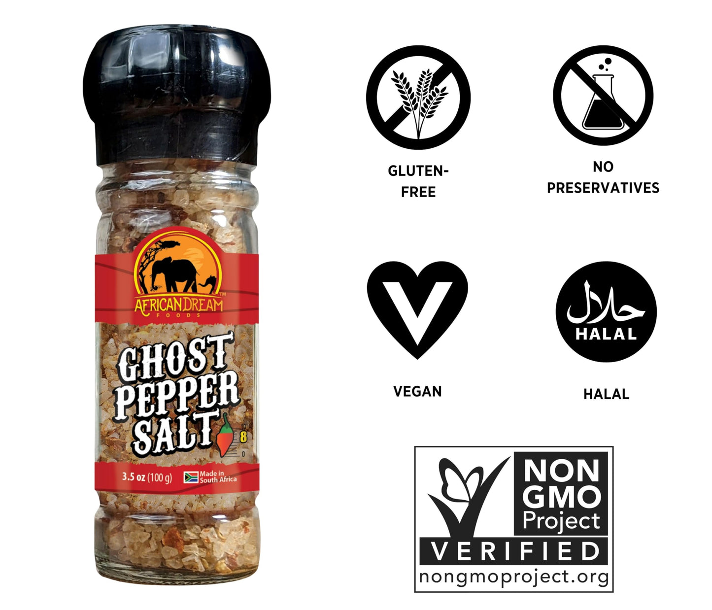 African Dream Foods Ghost Pepper Salt Seasoning | Spicy Chili Salt | 3.5 oz Reusable Grinder