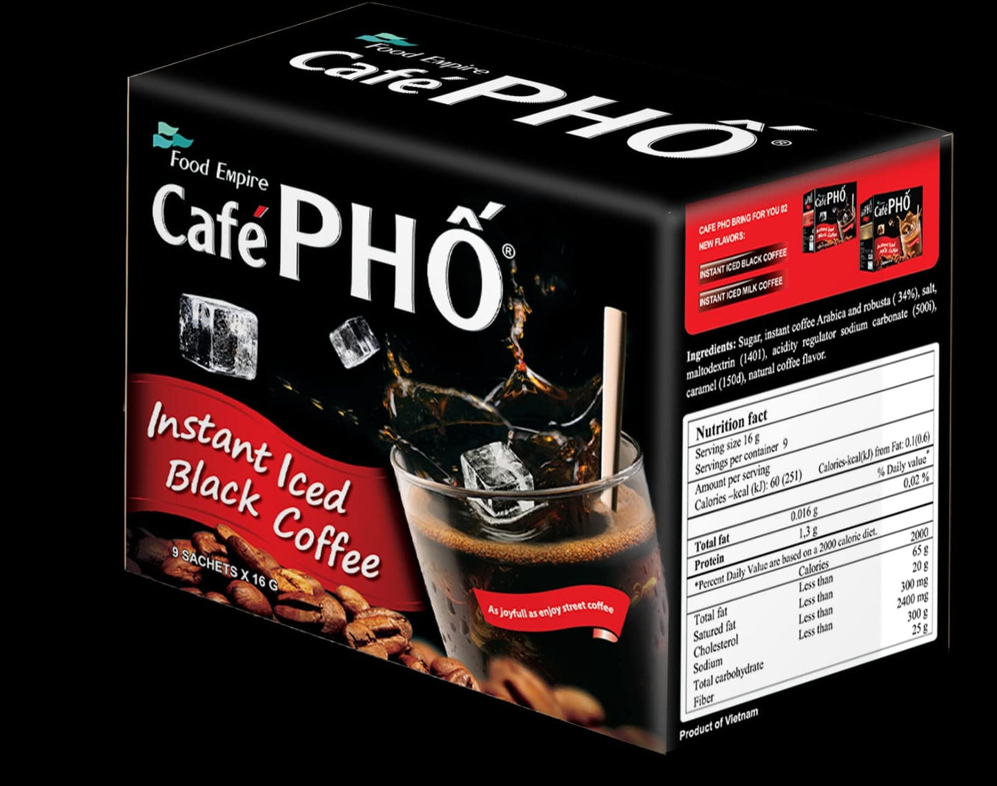 Cafe Pho Vietnamese Instant Coffee Mix, Iced Black Coffee, Cafe Den Da, Single Serve Coffee Packets, Box of 9 Sachets, Pack of 4