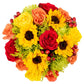 Warm Glow in Wooden Vase | Yellow  Orange and Red Fresh Flower Foam Arrangement | Arabella Bouquets | Flowers for Delivery  THanksgiving  Birthday  Congratulations