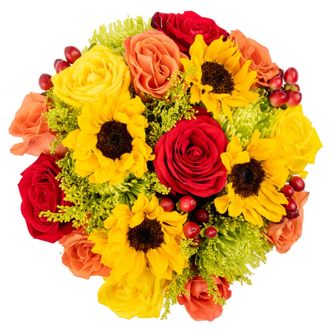 Warm Glow in Wooden Vase | Yellow  Orange and Red Fresh Flower Foam Arrangement | Arabella Bouquets | Flowers for Delivery  THanksgiving  Birthday  Congratulations
