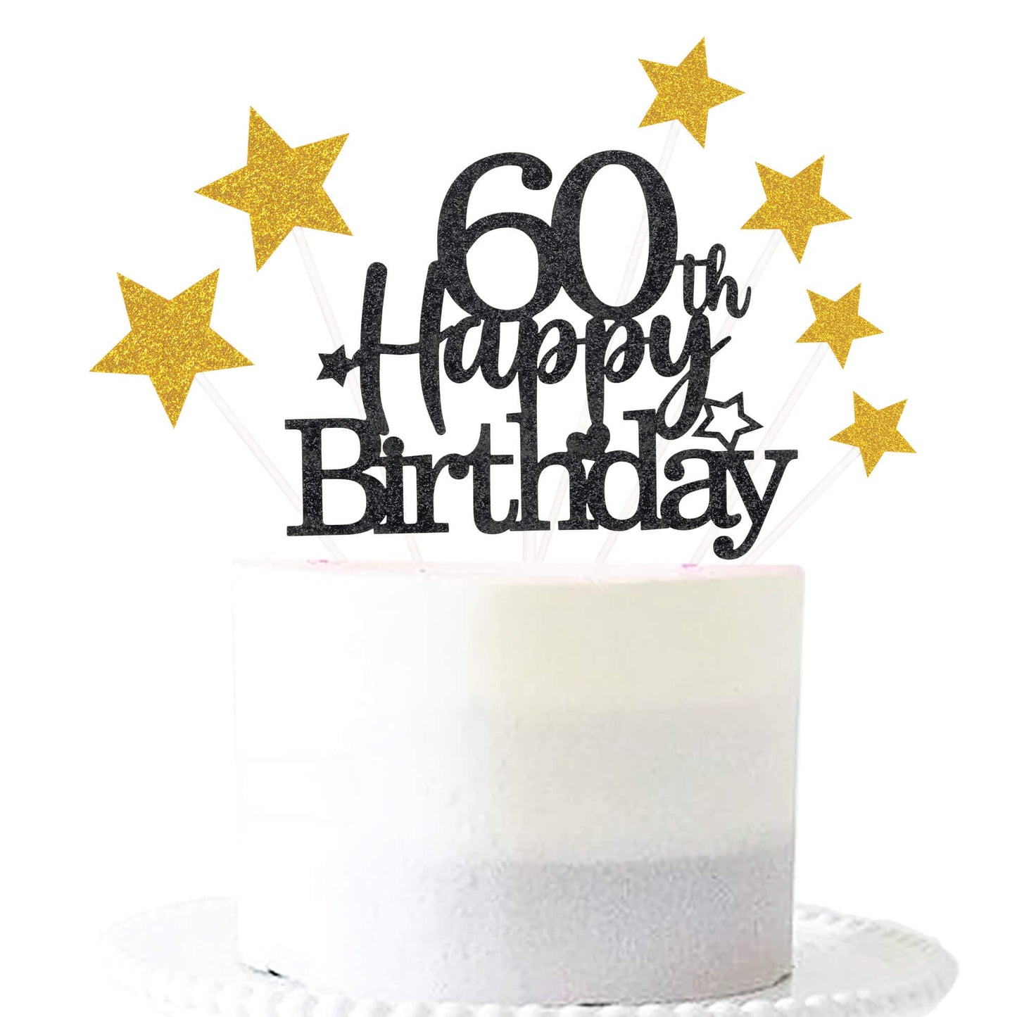 Pargleev 60th Birthday Cake Topper, Glittery Black Gold Star Design, Personalised Party Decoration for Men and Women
