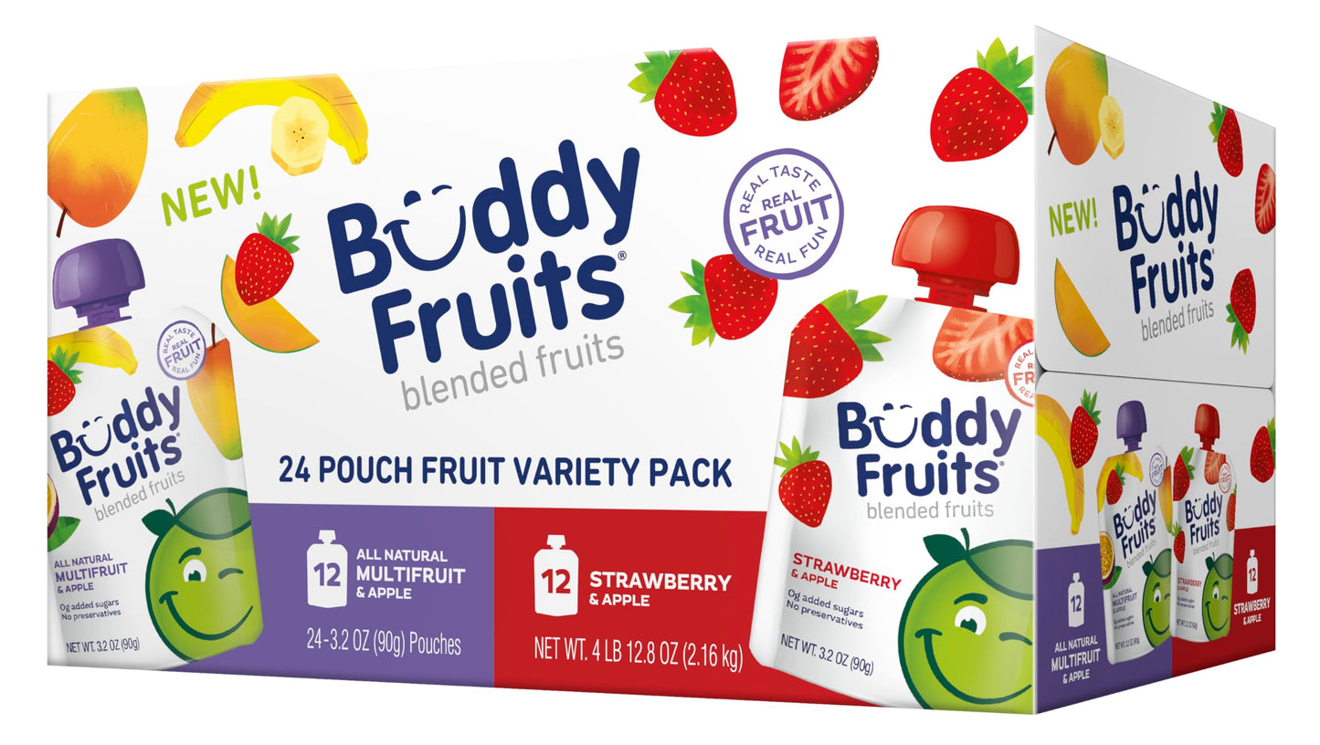 Buddy Fruits Pure Blended Fruit Snack To Go Variety Pack, Multifruit & Strawberry Applesauce 3.2Oz (Pack Of 24) | 100% Real Frui
