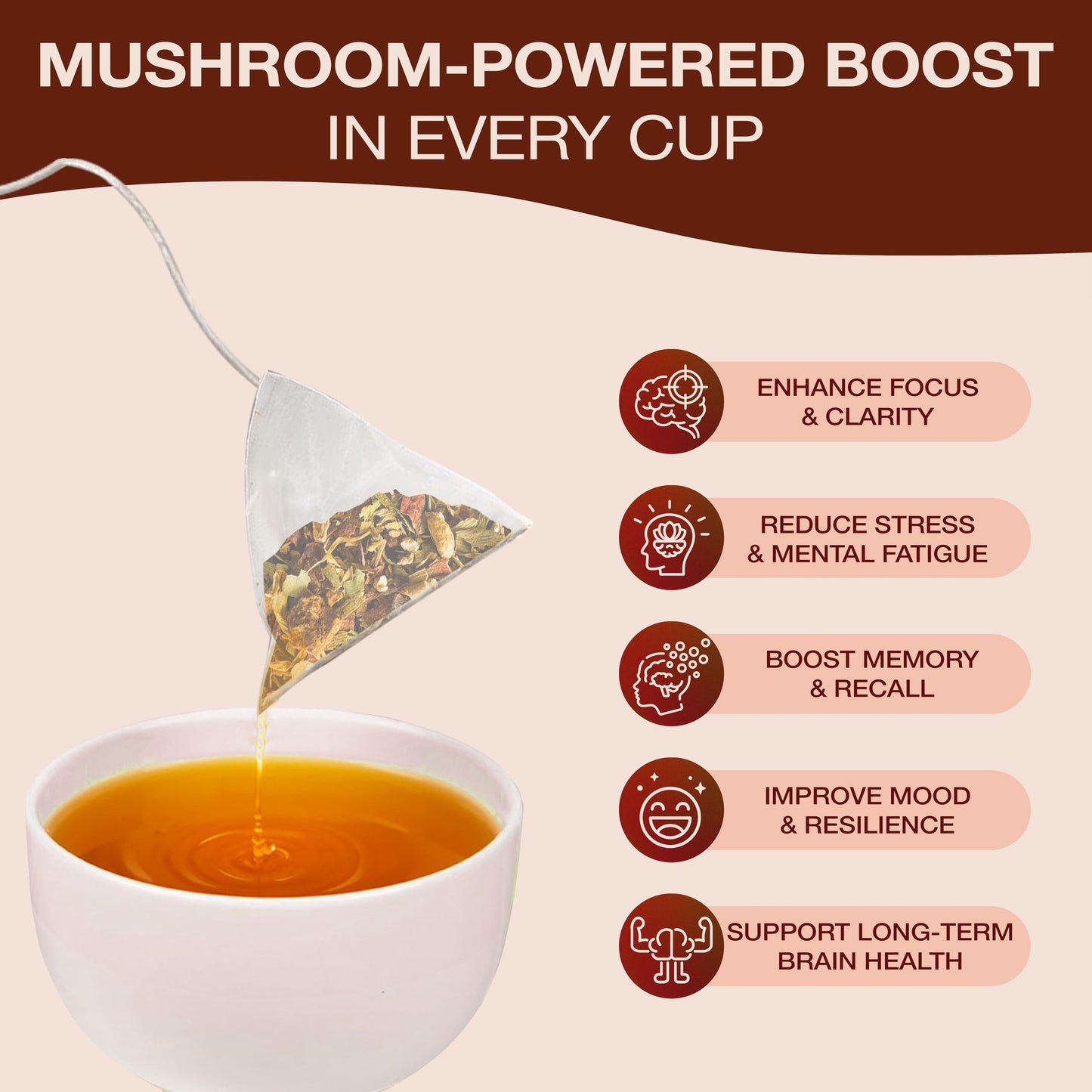 Organic Mushroom Tea with Ashwagandha, Lions Mane & Chaga for Focus, Memory & Mental Clarity - Brain Boost Tea with Ginkgo Bilob