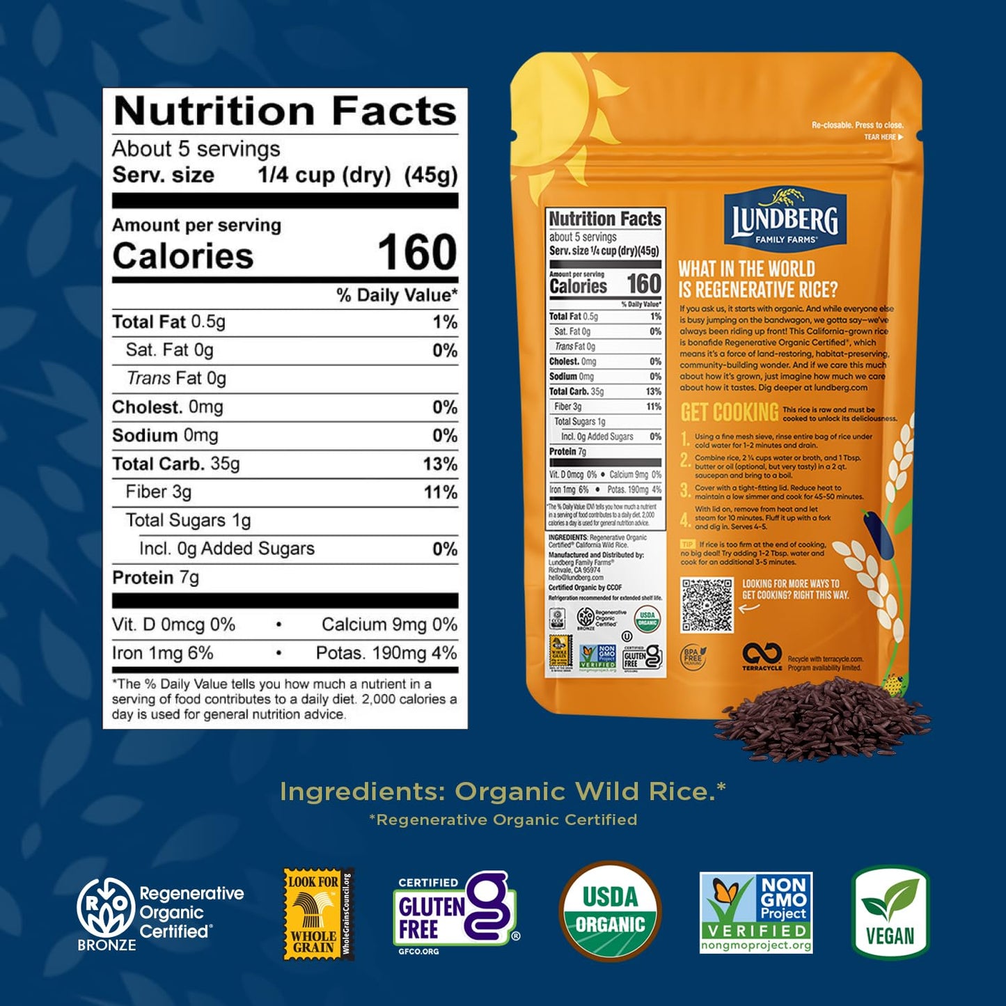 Lundberg Organic Wild Rice - 100% Natural California Cultivated Black Wild Rice for Healthy Meals, Vegan Food, Gluten-Free Rice,
