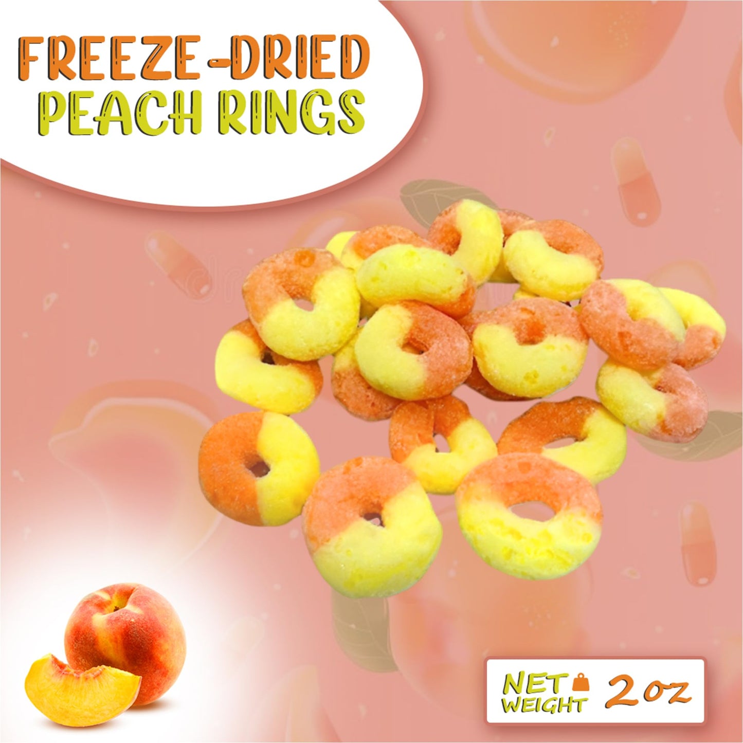 Freeze Dried Candy Peach Rings By Sweety Treatyco. - Deliciously Tangy, Nutrient-Rich & Gluten-Free Snacks - Easy To Carry 2 Oz