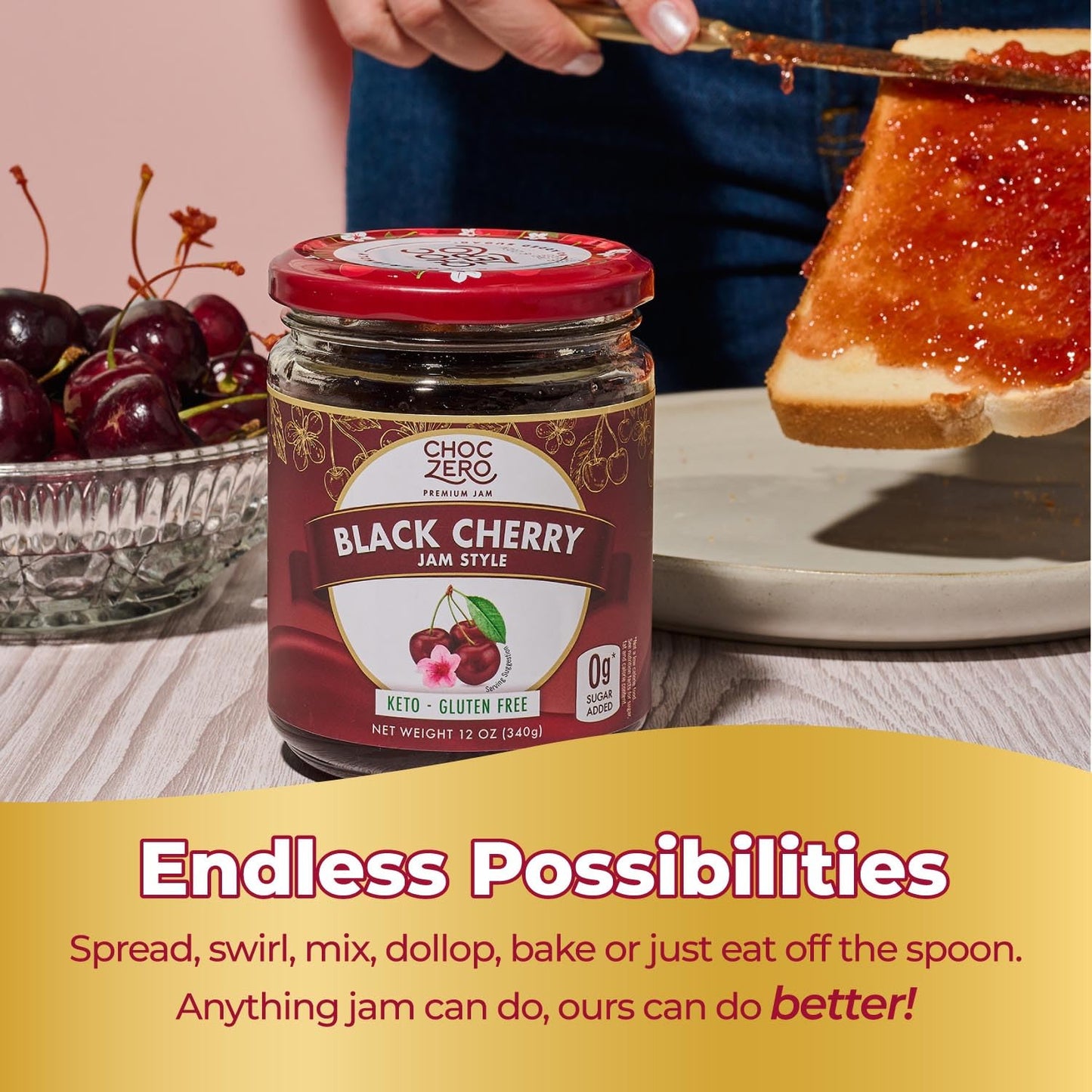 Choczero Keto Black Cherry Jam - No Sugar Added, Low Carb, Keto Friendly, High In Fiber, Gluten Free, Naturally Sweetened With M