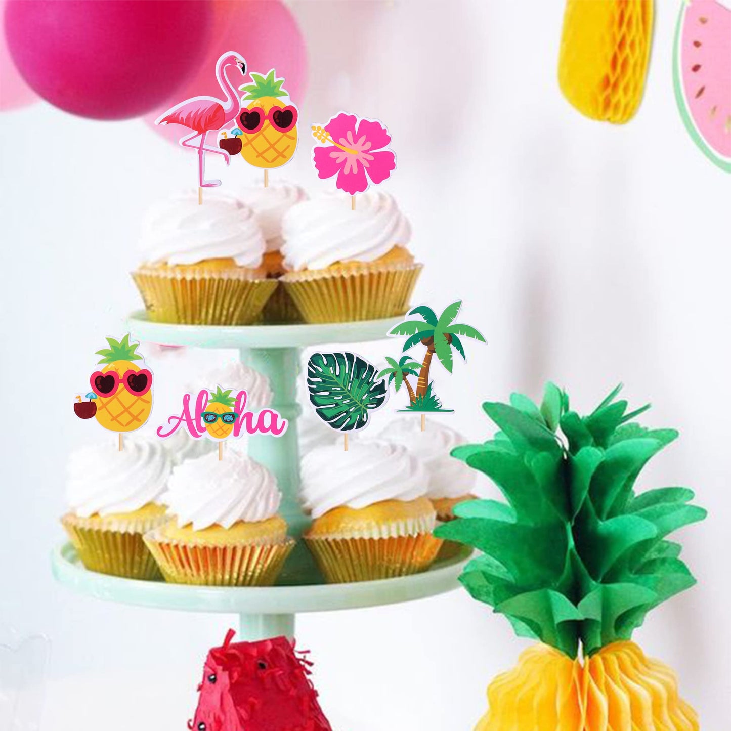 36 Pcs Tropical Aloha Luau Cupcake Toppers Palm Tree Flower Turtle Leaves Flamingo Pineapple Cupcake Picks Summer Hawaiian Tropi
