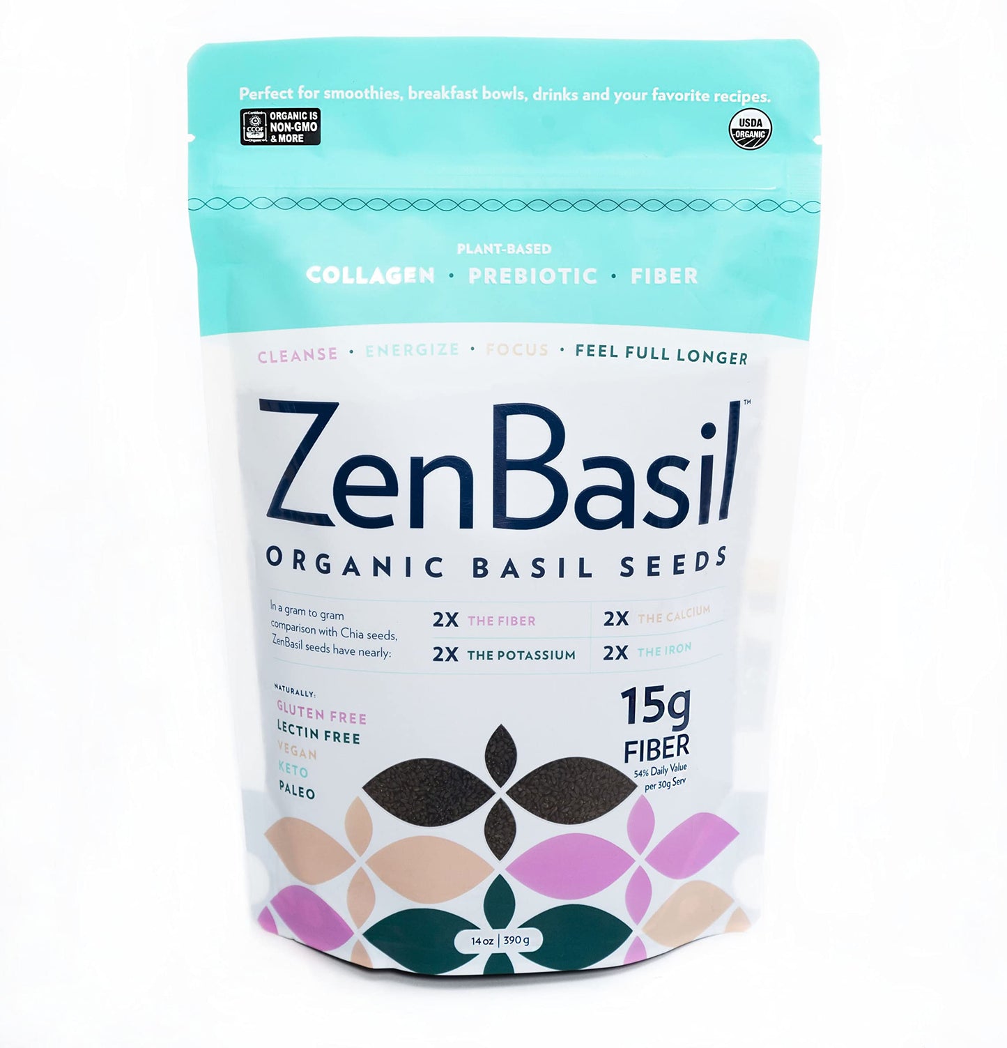 Zen Basil Edible Basil Seeds, USDA Organic, Non-GMO, Keto, Vegan, 14oz, High Fiber (15g/serv), Gluten-Free, Prebiotic