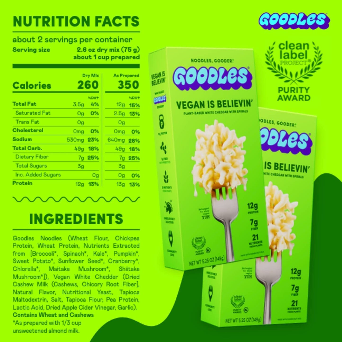 Goodles Vegan Is Believin’ Mac & Cheese 12-Pack - 12g Protein, 7g Fiber, 21 Nutrients, Kosher, Clean Label Certified