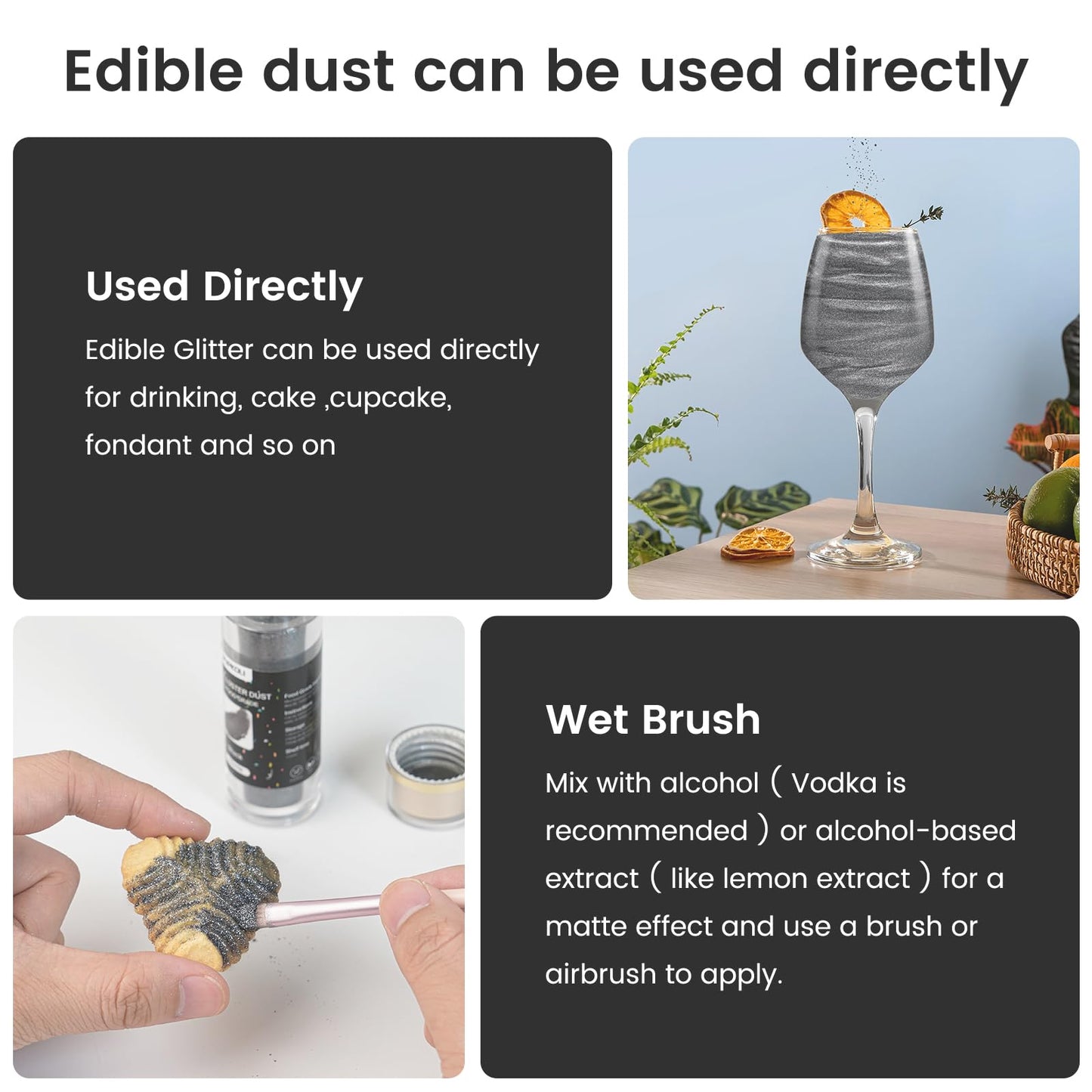 Black Edible Glitter For Cakes And Cocktails, 15G Food-Grade Black Luster Dust Edible Shimmer Powder For Drinks,Baking,Easter Eg