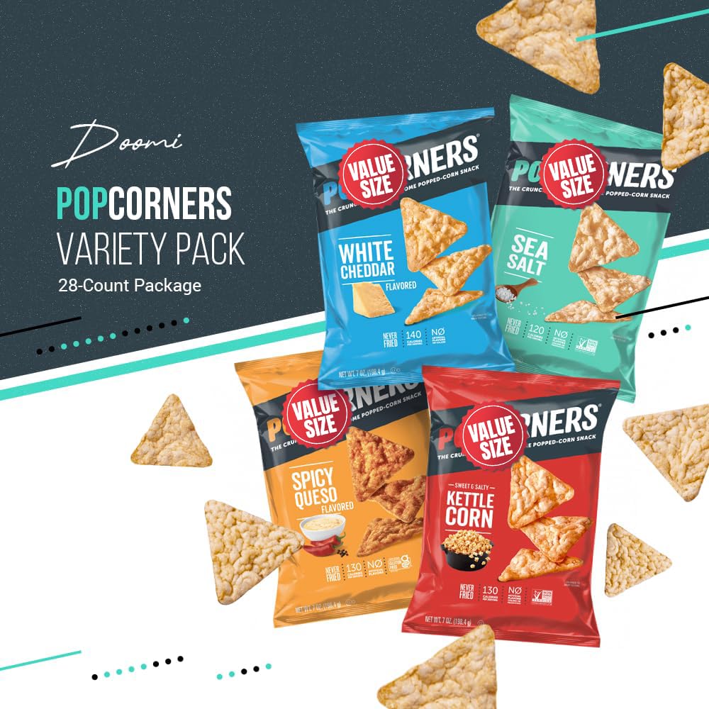Pop-Cornners Snacks Gluten Free Chips, 5 Flavor Variety Pack 28 Count 1 Oz Bags Packaged By Doomi, Individual Snack Bags In Sea