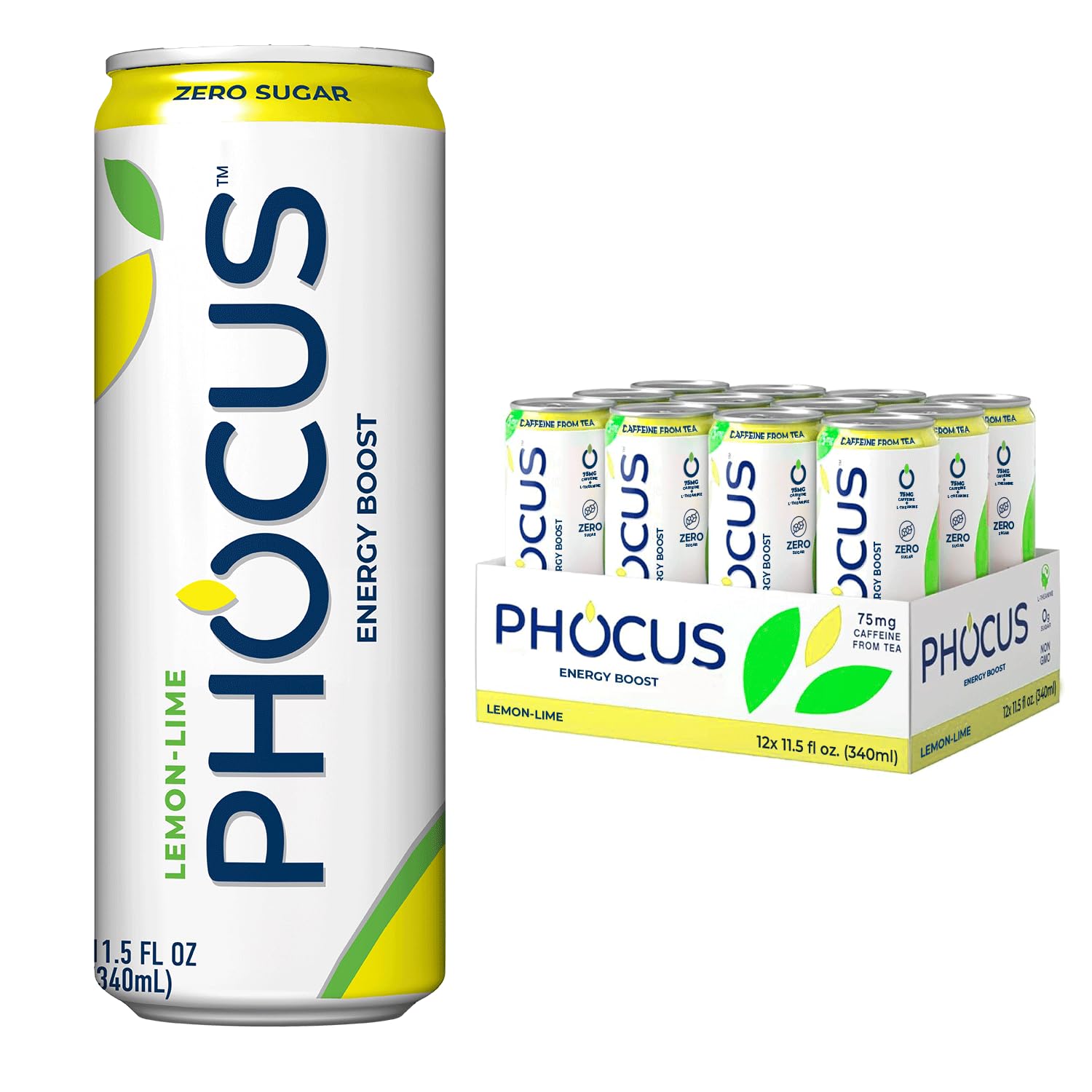 PHOCUS Energy Drink  Lemon Lime Sparkling Water  75mg Natural Caffeine Plus L-Theanine  Zero Sugar  Zero Calories  No Artificial Sweeteners  11.5 fl oz Cans (Pack of 12)