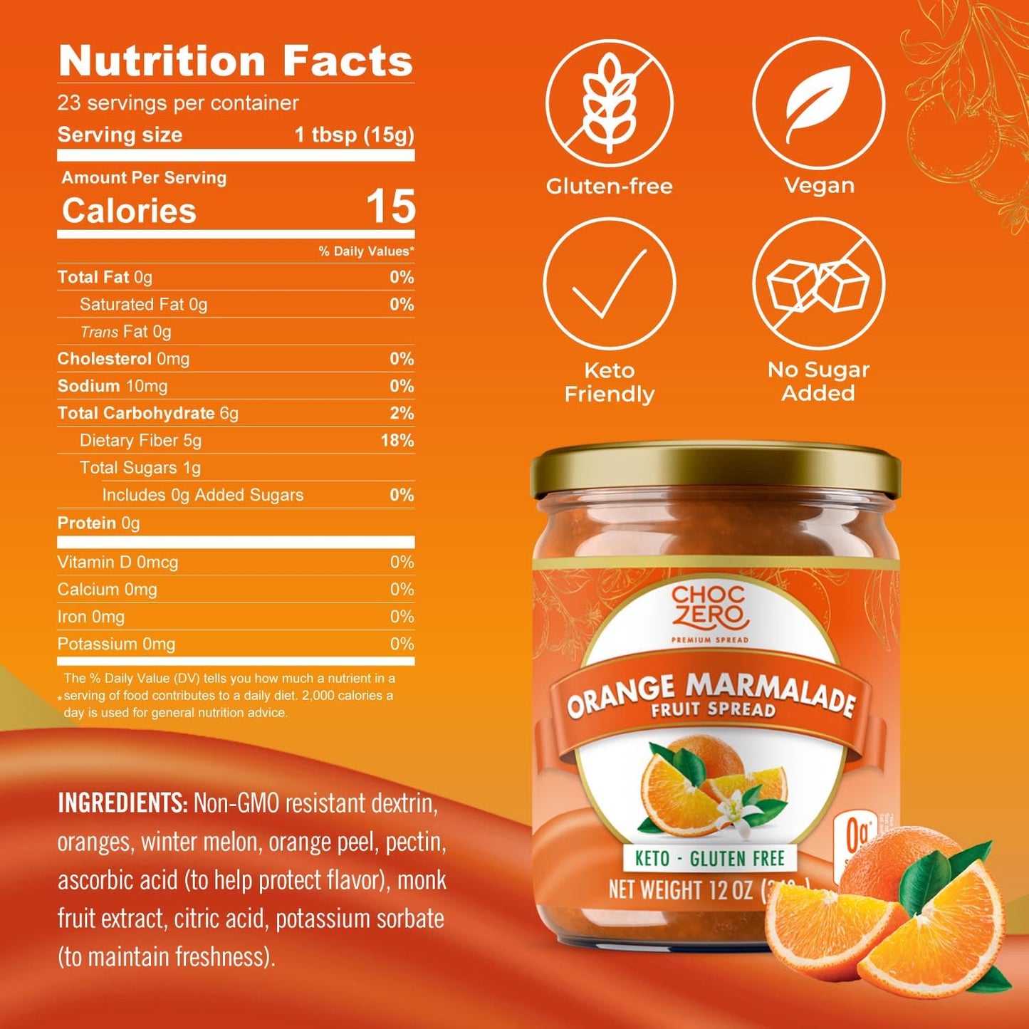 Choczero Sugar Free Orange Marmalade - Sweet Keto Jam Spread With Oranges - No Added Sugars (1 Jar, 12Oz)
