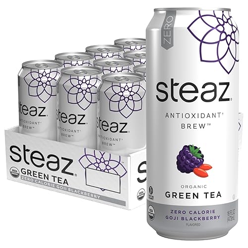 Steaz Organic Iced Green Tea Antioxidant Brew, Zero Calorie Goji Blackberry, 16 Fl Oz, Pack Of 12