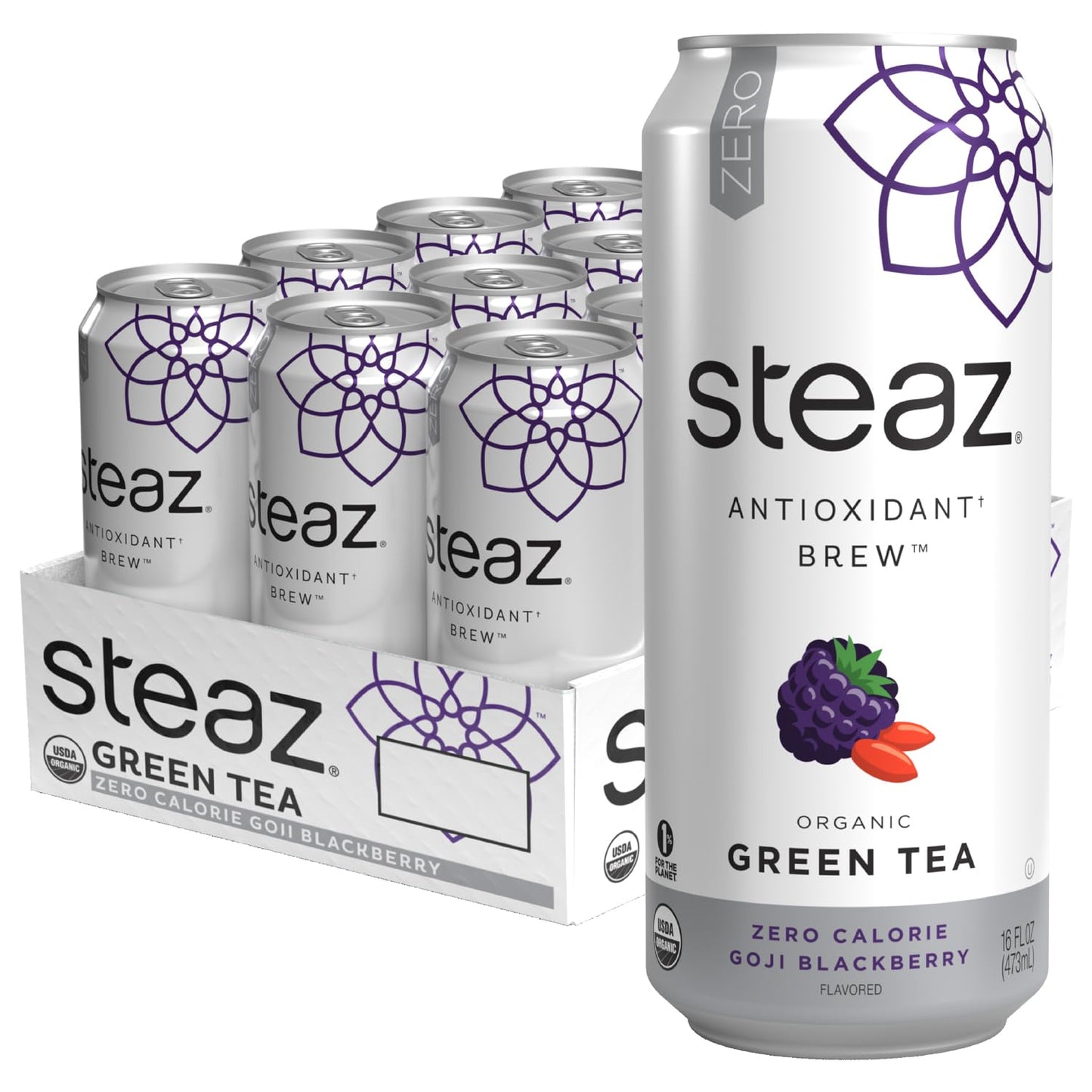 Steaz Organic Iced Green Tea Antioxidant Brew, Zero Calorie Goji Blackberry, 16 Fl Oz, Pack Of 12