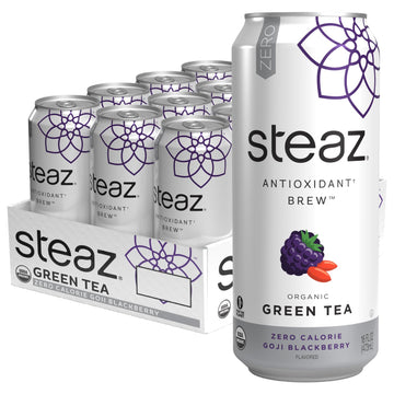 Steaz Organic Iced Green Tea Antioxidant Brew, Zero Calorie Goji Blackberry, 16 Fl Oz, Pack Of 12