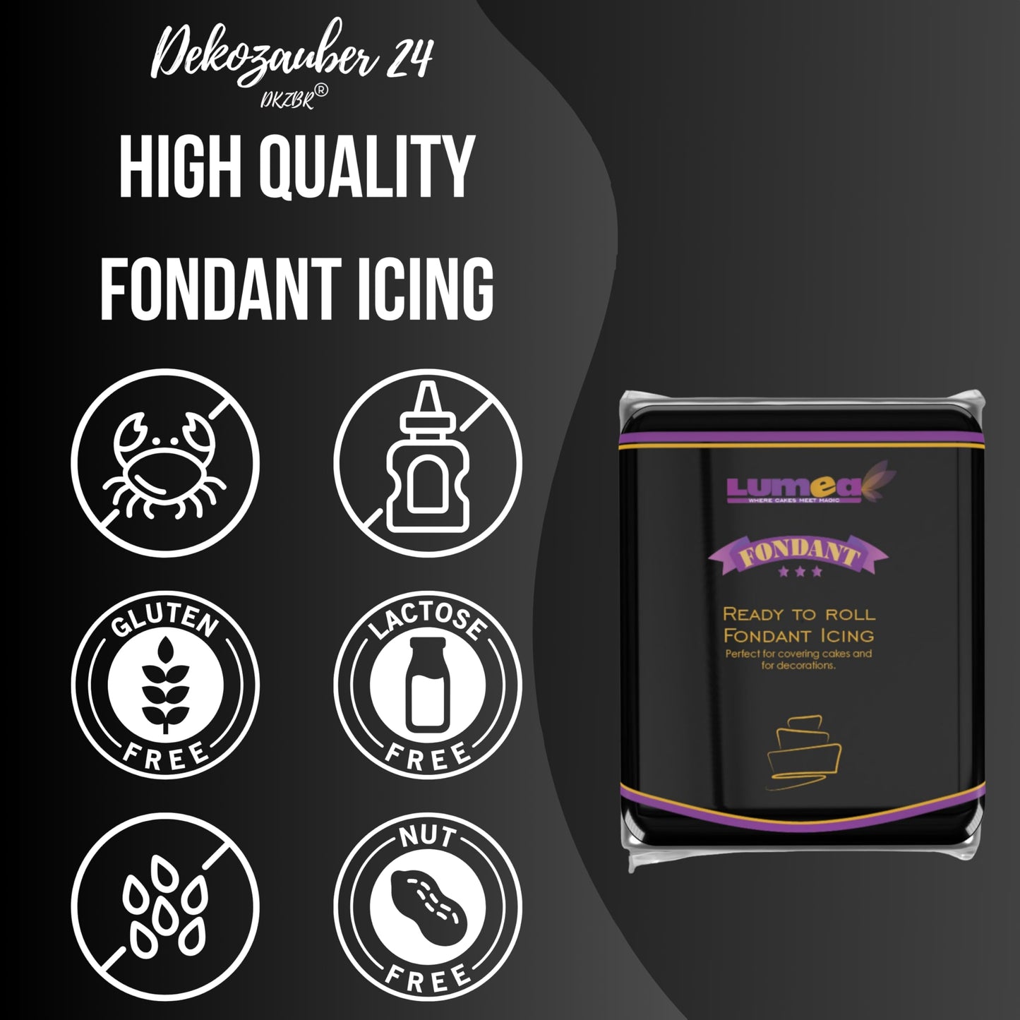 Dekozauber24 Premium Fondant for Cakes and Figurines, 8.8oz, Gluten Free, Vanilla Taste, Black