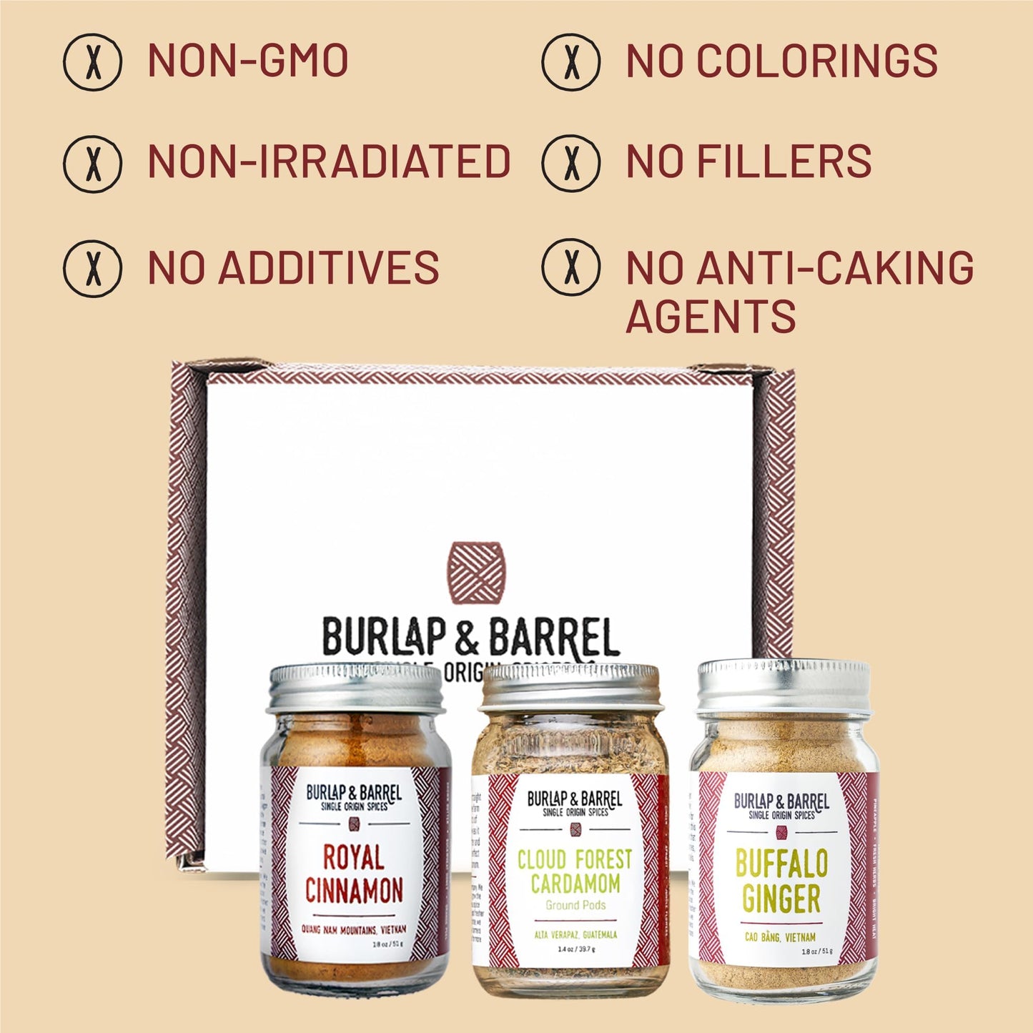 Burlap & Barrel Sweet Spice Set - 3 Full Size Jars of Cinnamon, Cardamom, Ginger - 1.83 oz Pack of 3