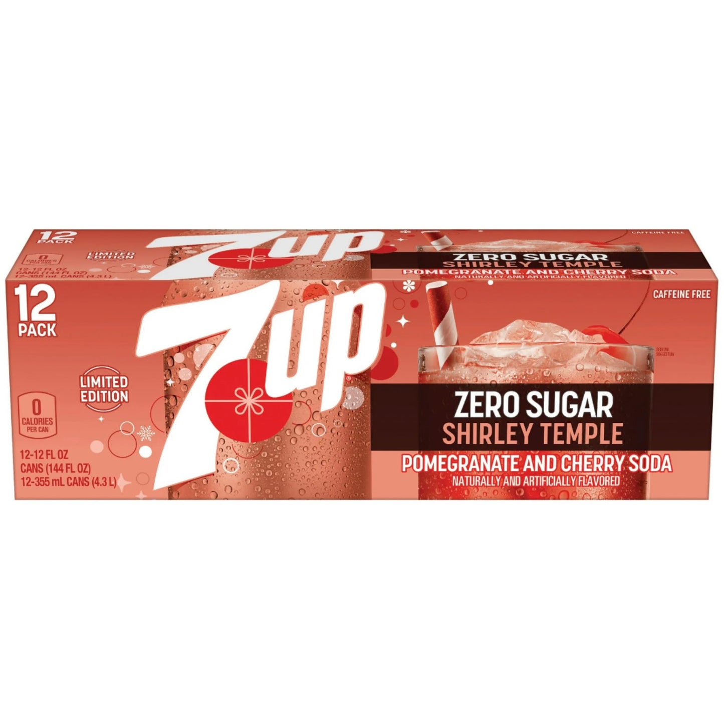 7UP Zero Sugar Shirley Temple Soda, Pomegranate and Cherry Flavor, 12 Pack of 12 Fl Oz Cans