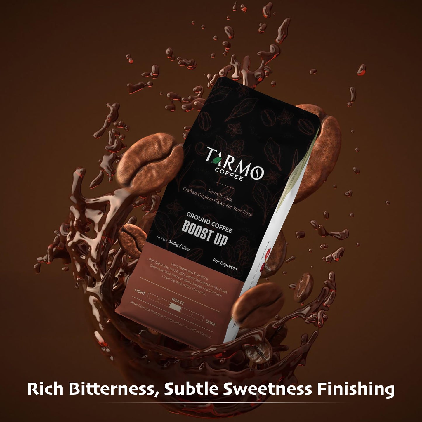 TARMO COFFEE Low Acid Arabica & Robusta Blend Ground Coffee, Dark Roast, High Caffeine, 12 Oz Bag
