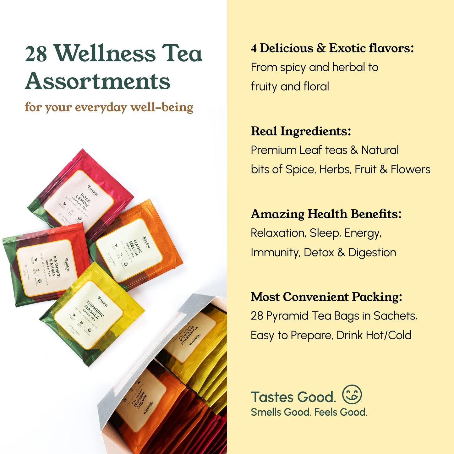 Teaniru, Green Tea Sampler - Tea Variety Pack, 4 Flavored Green Tea - 28 Sachets | Tea For Detox, Energy, Immunity & Relaxation