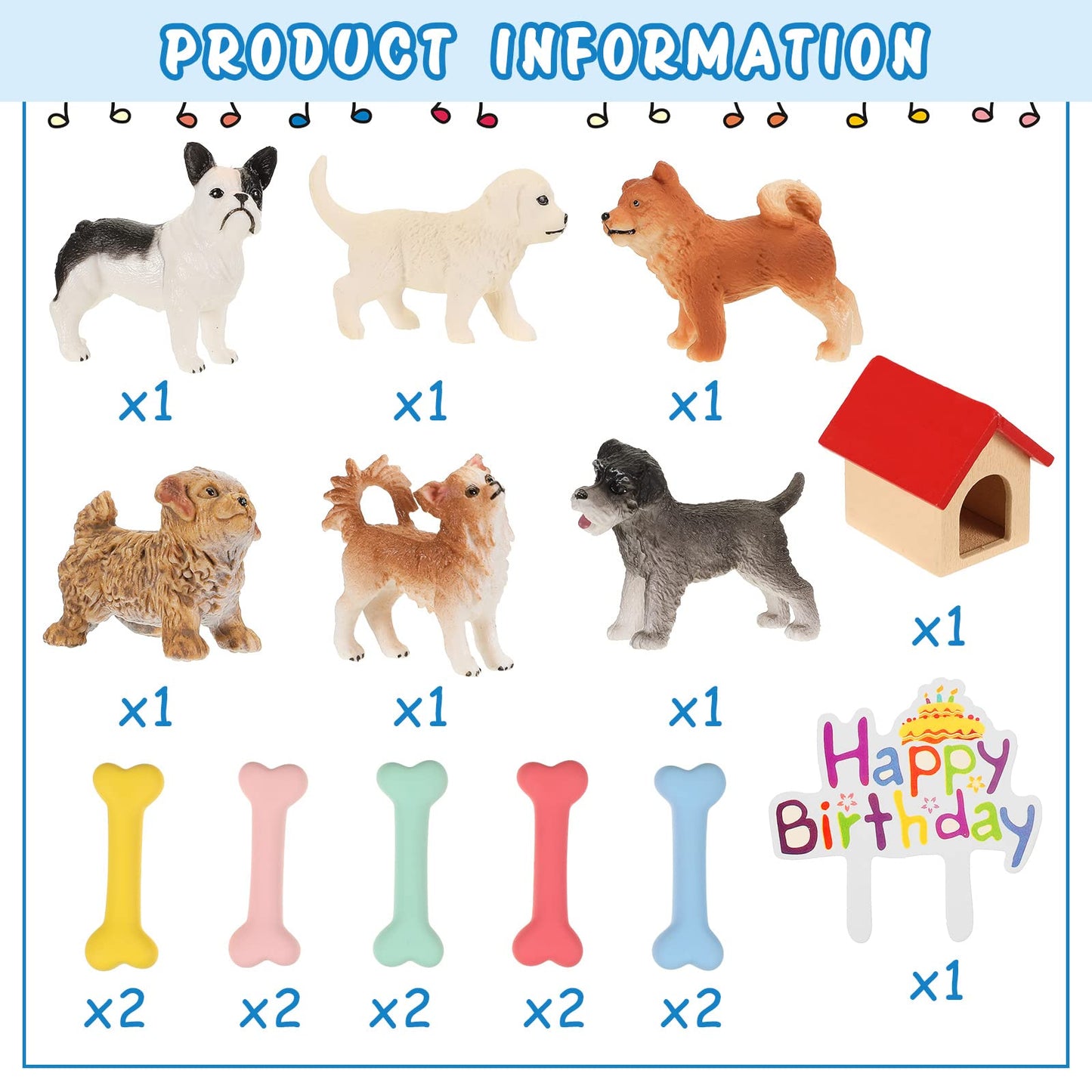 Chunful 18-Piece Dog Cake Topper Set, Plastic Puppy Figurines, Dog Bone & Kennel Decorations, Vivid Style, White/Black/Brown