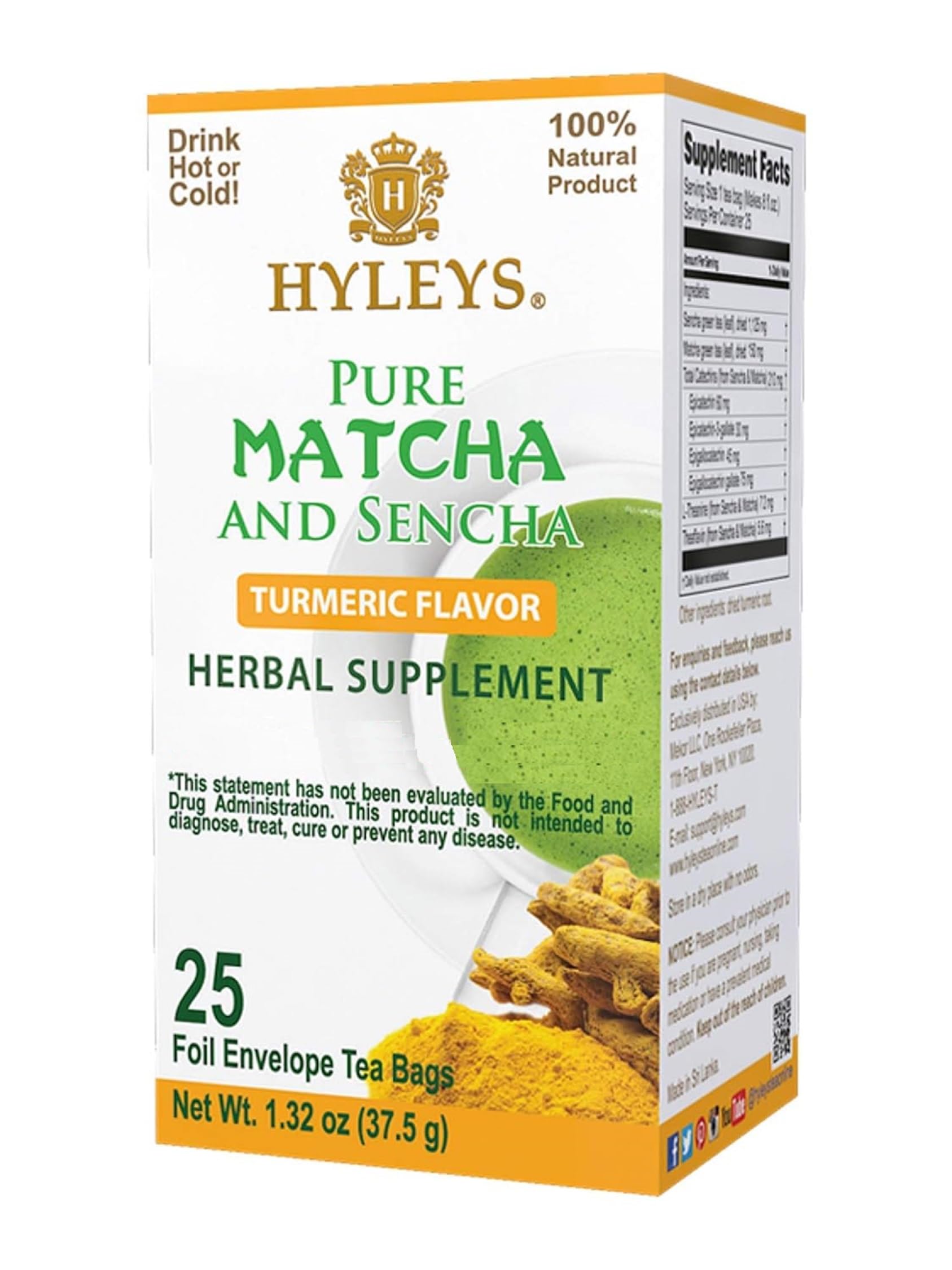 Hyleys Matcha Tea Bags With Turmeric - 25 Tea Bags (Japanese Pure Matcha Wellness Green Tea)