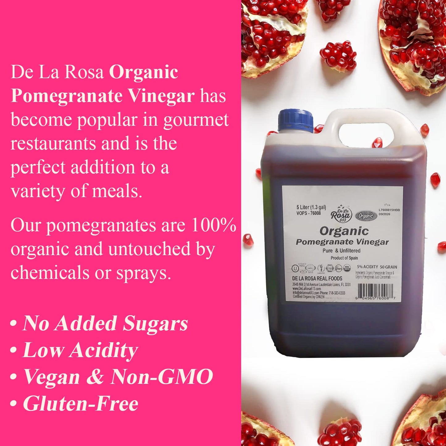 De La Rosa Organic Pomegranate Vinegar, Pure & Unfiltered, Vegan, 169.07 Fl Oz