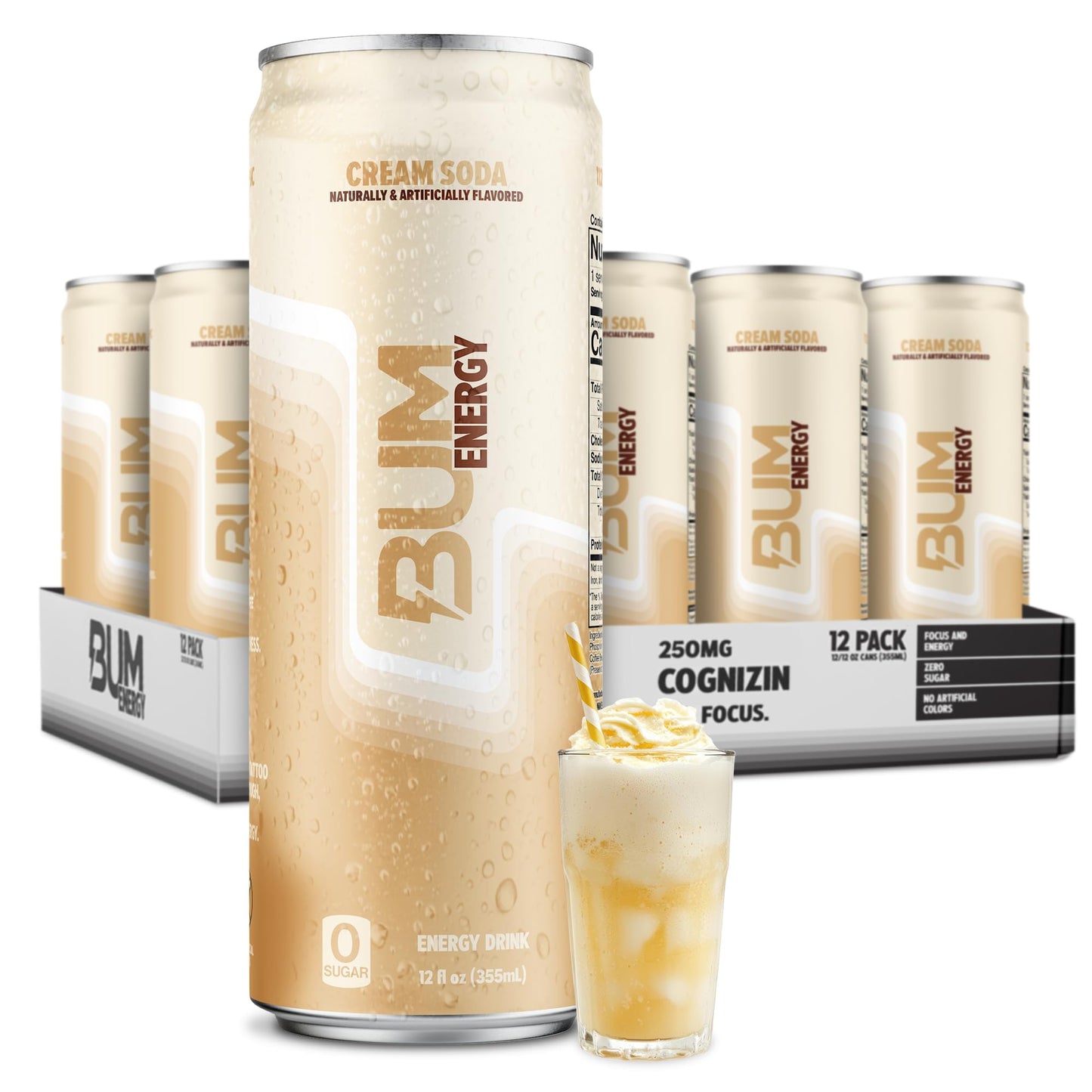 BUM Sugar-Free Energy Drink  Cream Soda - Lightly Carbonated & No Artificial Colors  Natural Caffeine & Citicoline for Energy & Focus  Brain Boost & Workout Sports Beverage - 12 oz  Pack of 12