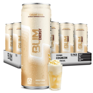 BUM Sugar-Free Energy Drink  Cream Soda - Lightly Carbonated & No Artificial Colors  Natural Caffeine & Citicoline for Energy & Focus  Brain Boost & Workout Sports Beverage - 12 oz  Pack of 12