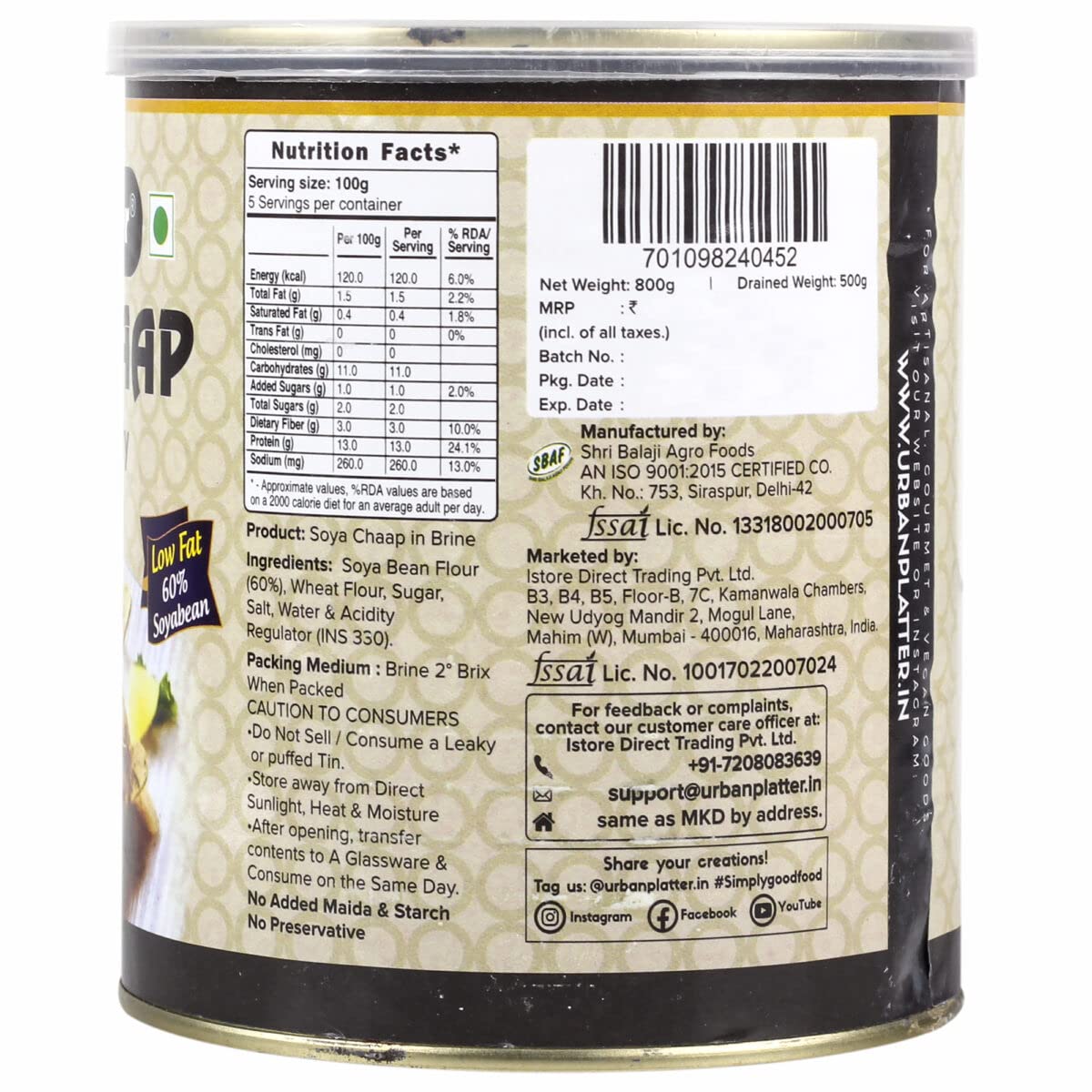Urban Platter Vegan, Chunks On Stick Soya Chaap In Brine (800 To 500 G)