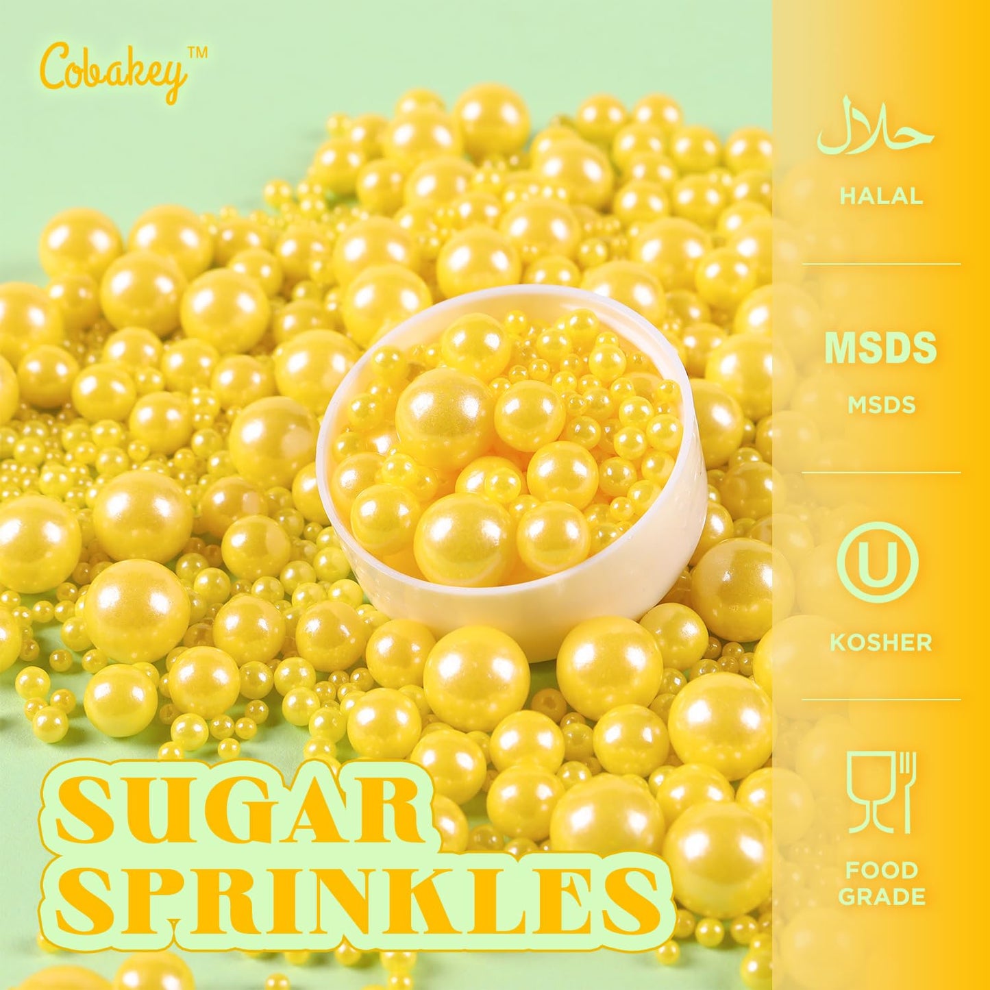 Cobakey Yellow Pearl Sprinkles For Cake Decorations 3.52 Ounce Edible Pearl Sugar Sprinkles For Cupcake Toppers Wedding Party Va