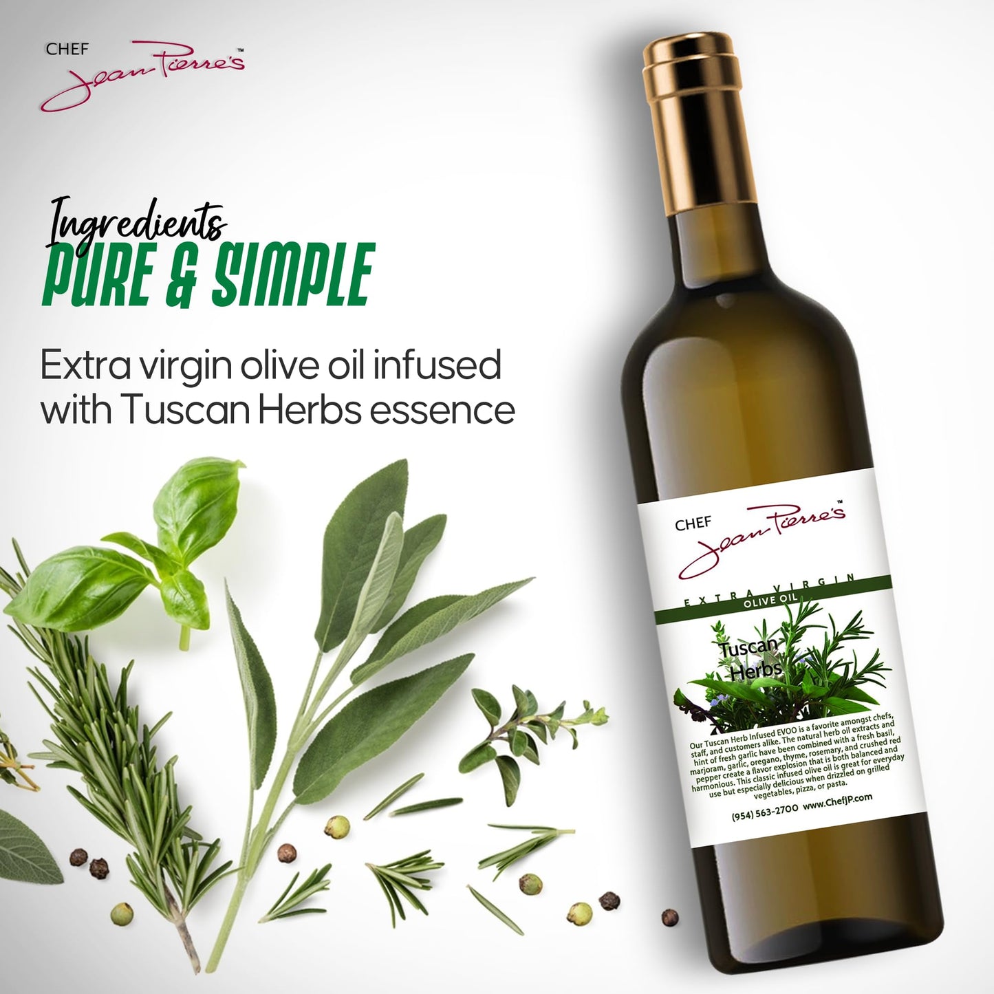 Chef Jean Pierres Tuscan Herb Olive Oil - Naturally Infused - 750ml (25oz) Glass Bottle