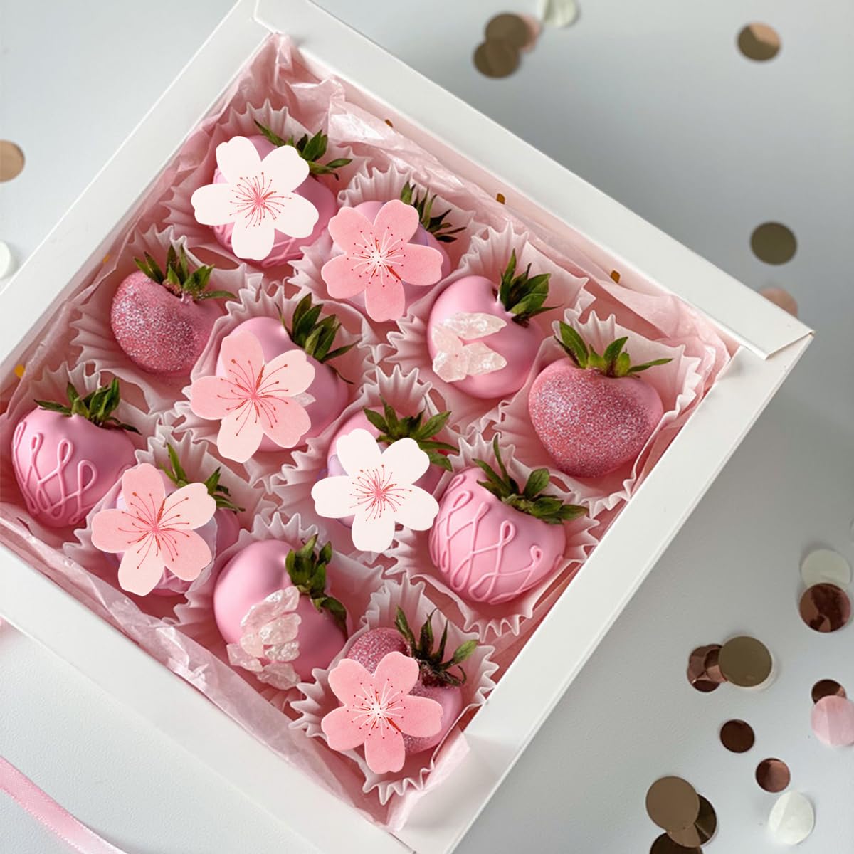 60 Pcs Edible Flowers Cake Topper Cupcake Toppers Decorations Wafer Paper Pink Cherry Blossom Flowers Wedding Themed Party Birth