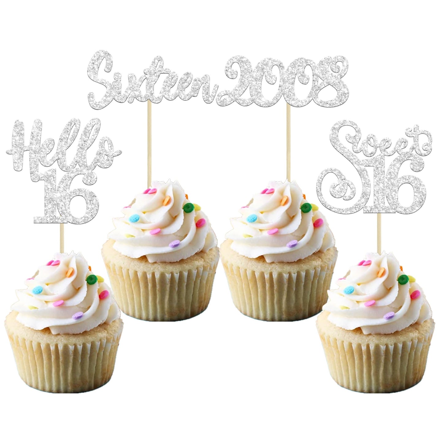 Gyufise 24Pcs 16Th Birthday Cupcake Toppers Silver Glitter Hello 16 Sweet 16 Cupcake Picks 2008 16Th Birthday Cake Decorations F