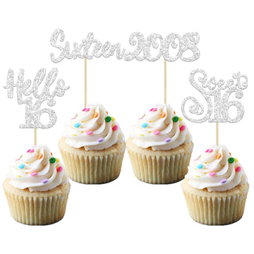 Gyufise 24Pcs 16Th Birthday Cupcake Toppers Silver Glitter Hello 16 Sweet 16 Cupcake Picks 2008 16Th Birthday Cake Decorations F