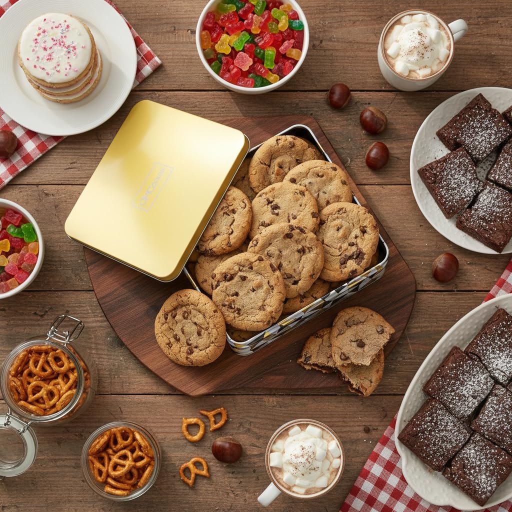 Holiday Chocolate Chip Cookies Gift Basket 1.5 LB Gourmet Tin Fudge Filled For Men Women | INDIVIDUALLY WRAPPED | Large Cookies