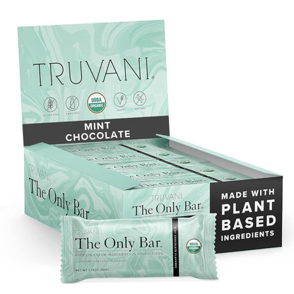 Truvani Plant Based Snack Bars | Chocolate Mint 12 Pack | 7g Protein | USDA Organic and Vegan | The Only Bar | Dairy, Soy, and G