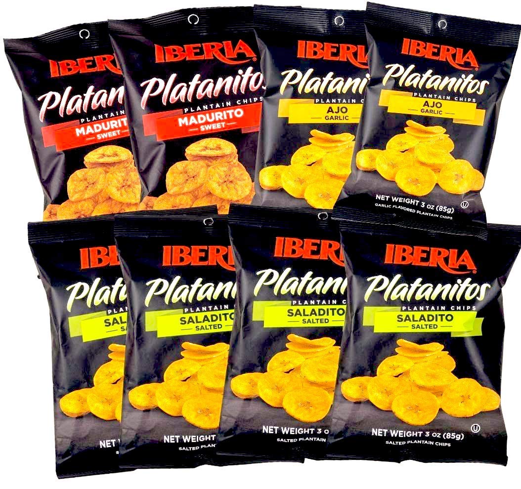 Iberia Plantain Chips, Variety, 4 Salted Plantain Chips, 2 Naturally Sweet Plantain Chips, 2 Garlic Plantain Chips, 3 Ounce (Pac