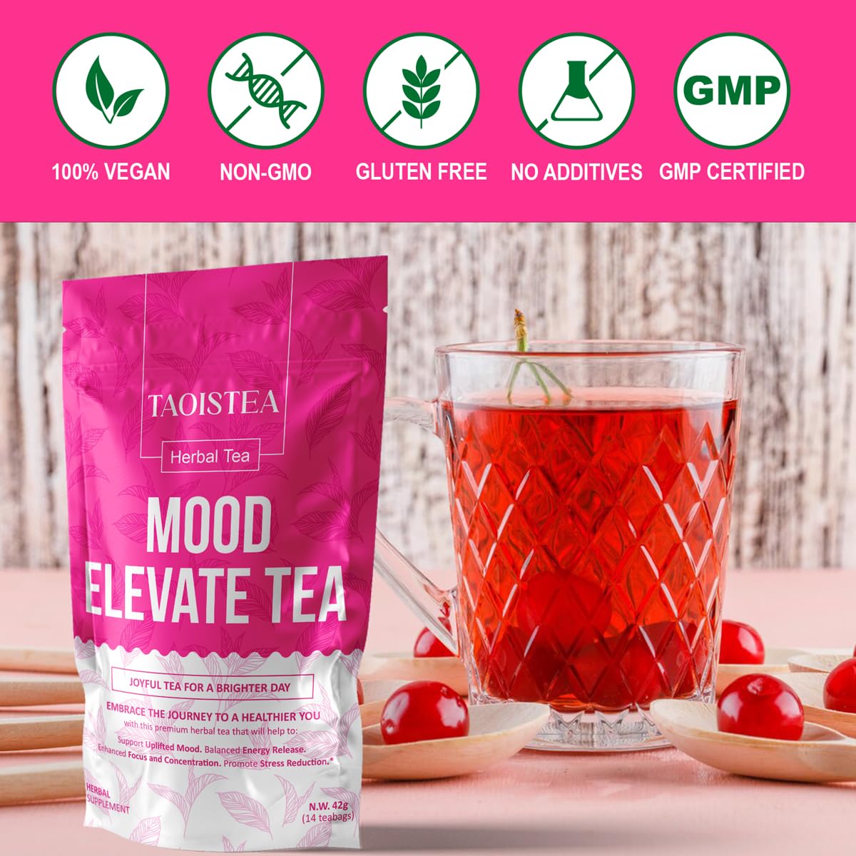 TAOISTEA Mood Elevate Tea, Energizing Herbal Blend with Ginseng, Green Tea & Ginkgo - 14 Bags, 1 Count