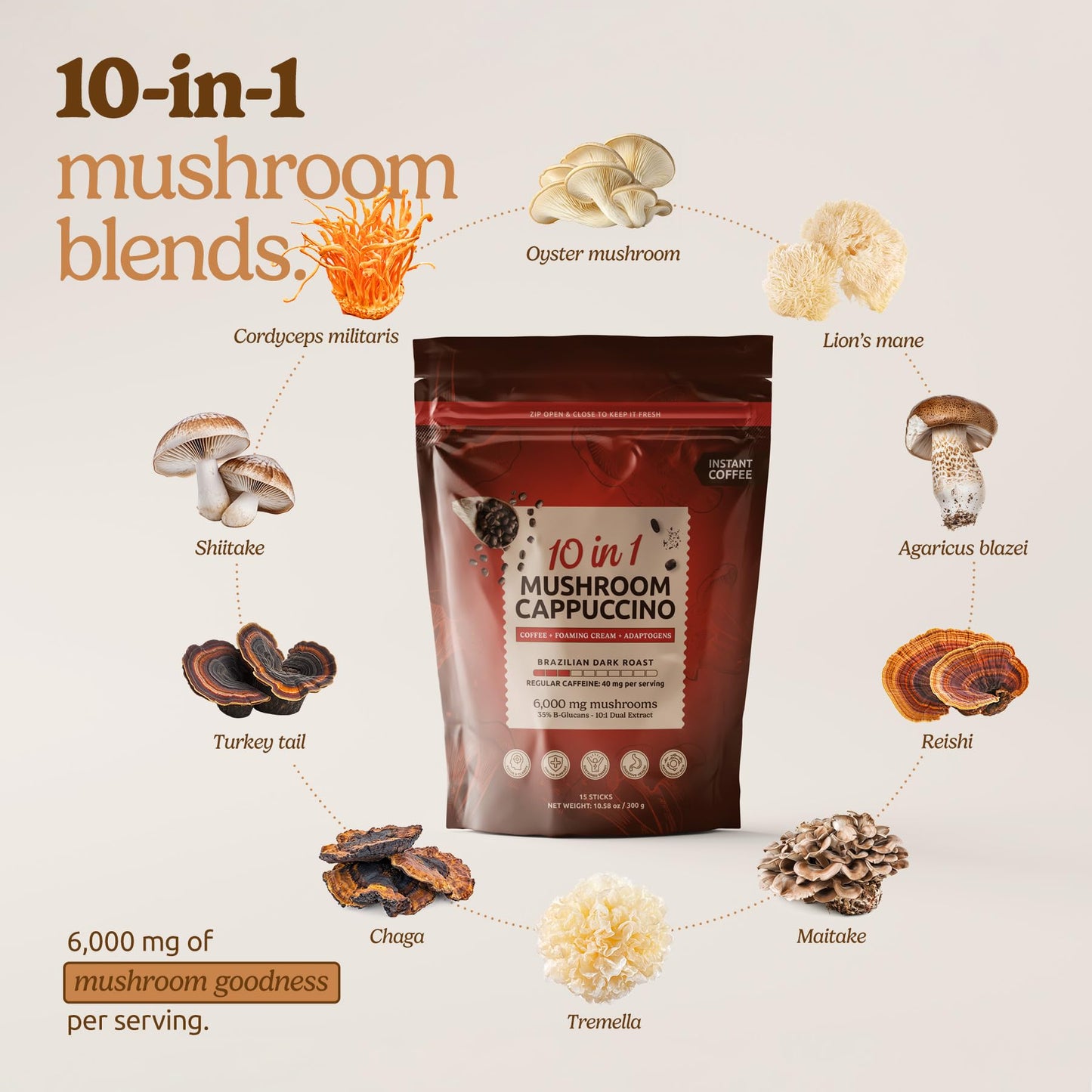 MATCHA DNA 10-in-1 Instant Mushroom Coffee Cappuccino - Brazilian Dark Roast, 10.58 Ounce, 15 Packets, Serve Hot or Iced