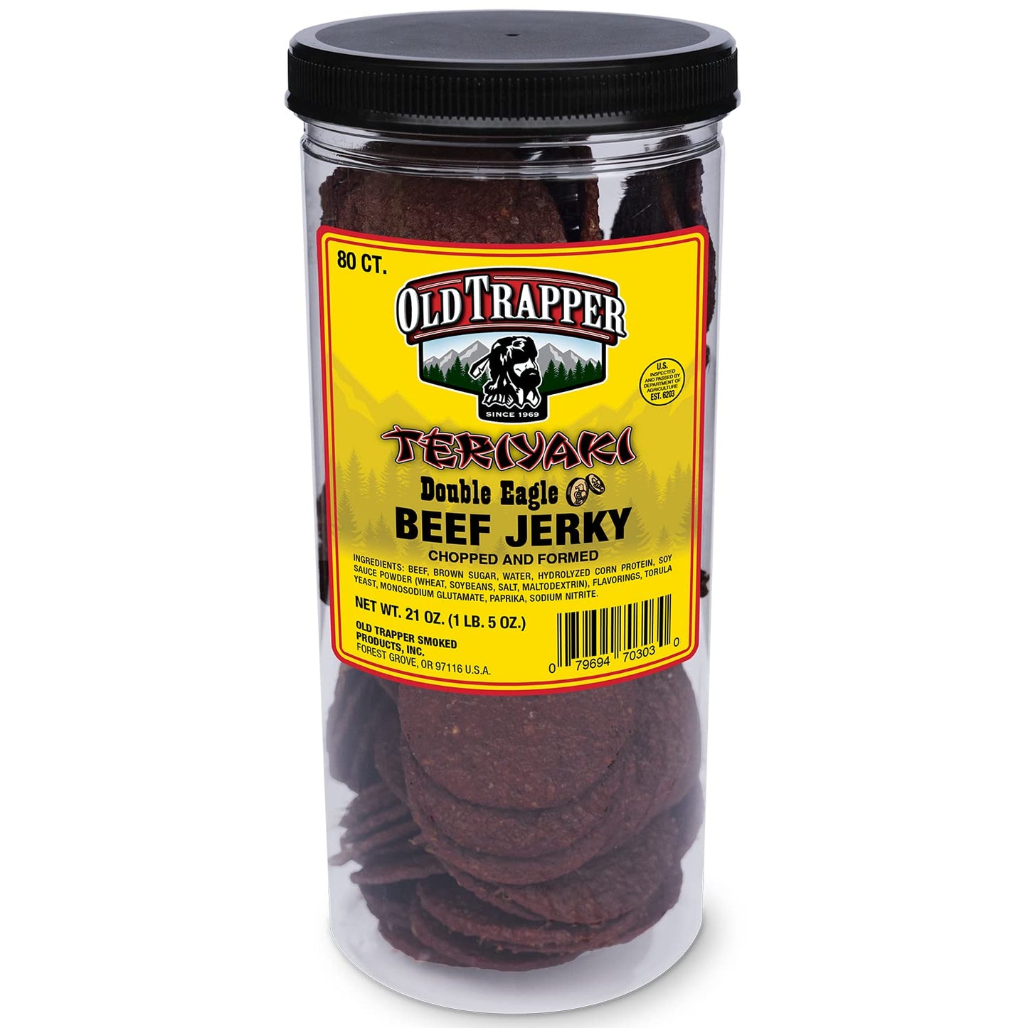 Old Trapper Beef Jerky, Teriyaki Flavor, 21oz Jar, 80 Pieces, 10g Protein, 80 Calories, Pack of 1